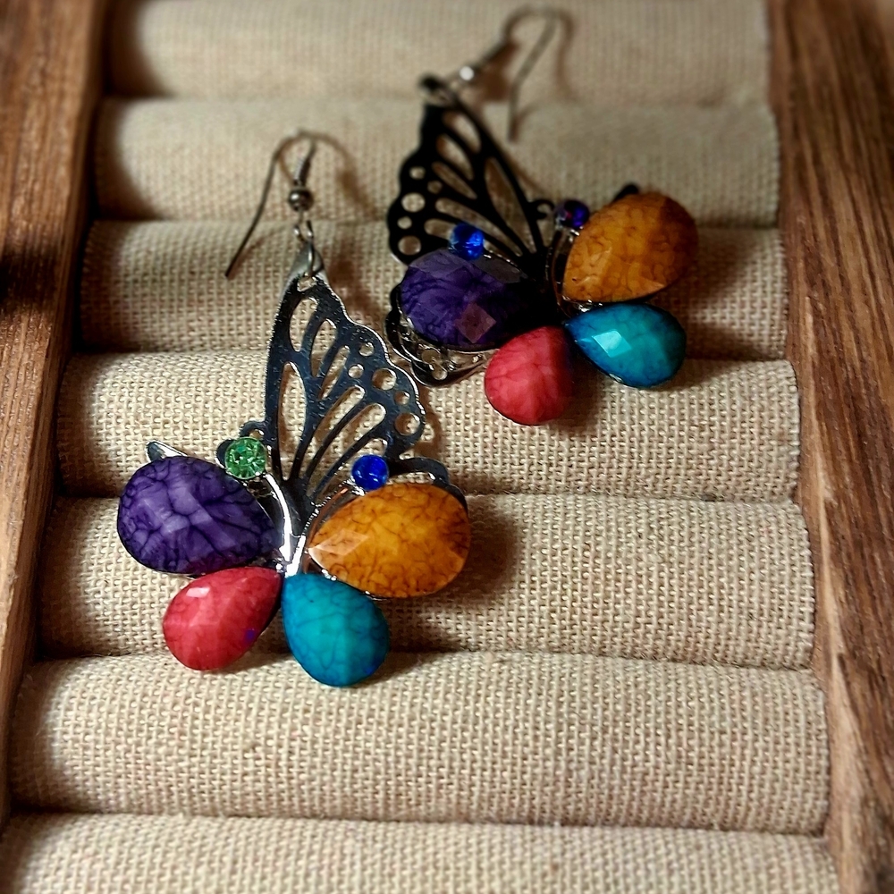 Butterfly Teardrop Multi-Color Stone Earrings - Unbranded